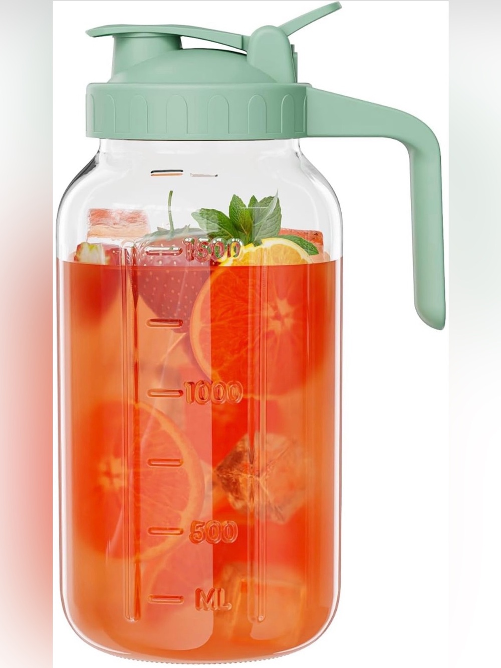 Glass Mason Jar Pitcher, 64 oz Wide Mouth Jug with Pour Spout Handle Lid